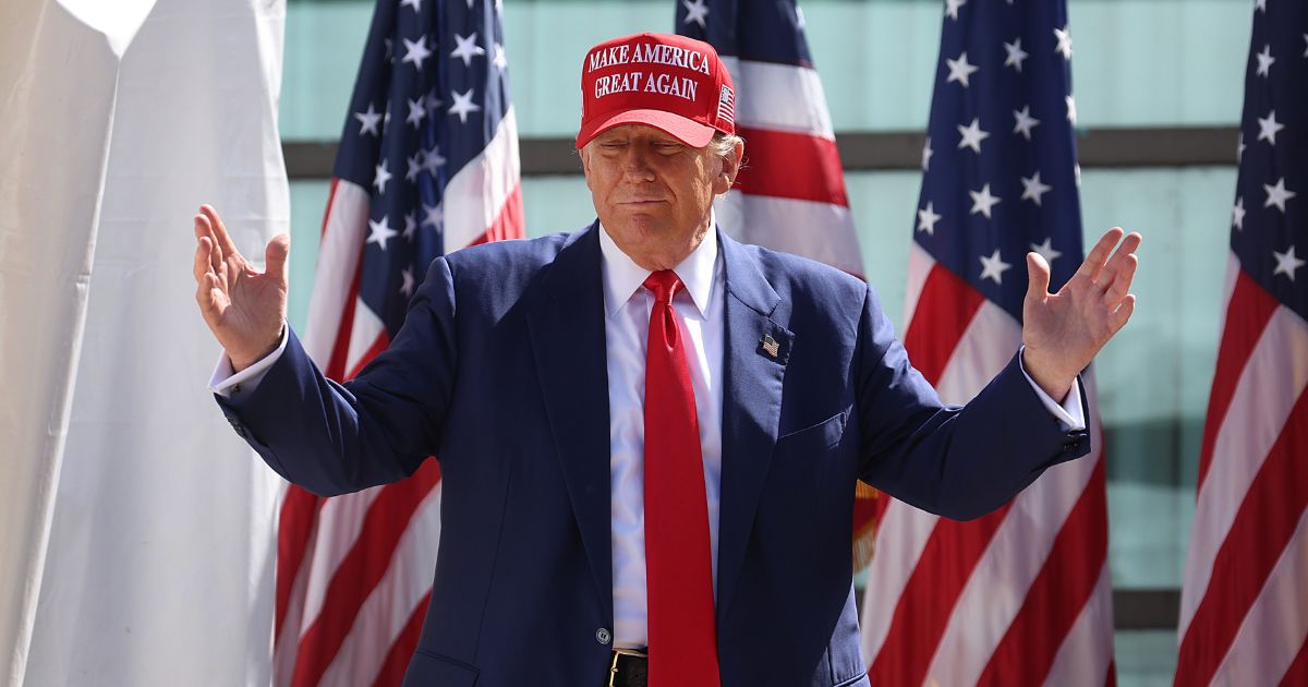 Republican presidential candidate former President Donald Trump arrives for a rally at Festival Park on June 18, 2024 in Racine, Wisconsin.