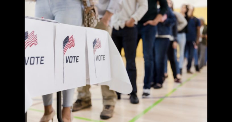 This Getty stock image shows a line of people waiting to vote.