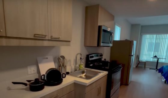 This YouTube screen shot shows the interior of the $600,000 per unit rooms in Skid Row's Weingart Tower, a homeless shelter in California.