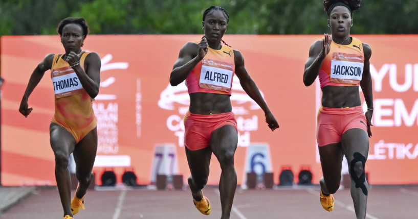 Lanea-Tava Thomas of Jamaica, left; Julien Alfred of St. Lucia, center; and Shericka Jackson of Jamaica, right, compete in the 200 meter event at the Gyulai Istvan Memorial Track and Field Hungarian Grand Prix in Szekesfehervar, Hungary, on Tuesday.