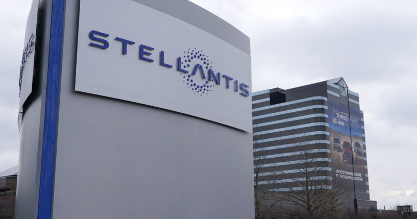 The Stellantis sign is seen outside the Chrysler Technology Center in Auburn Hills, Michigan on July 19, 2021.