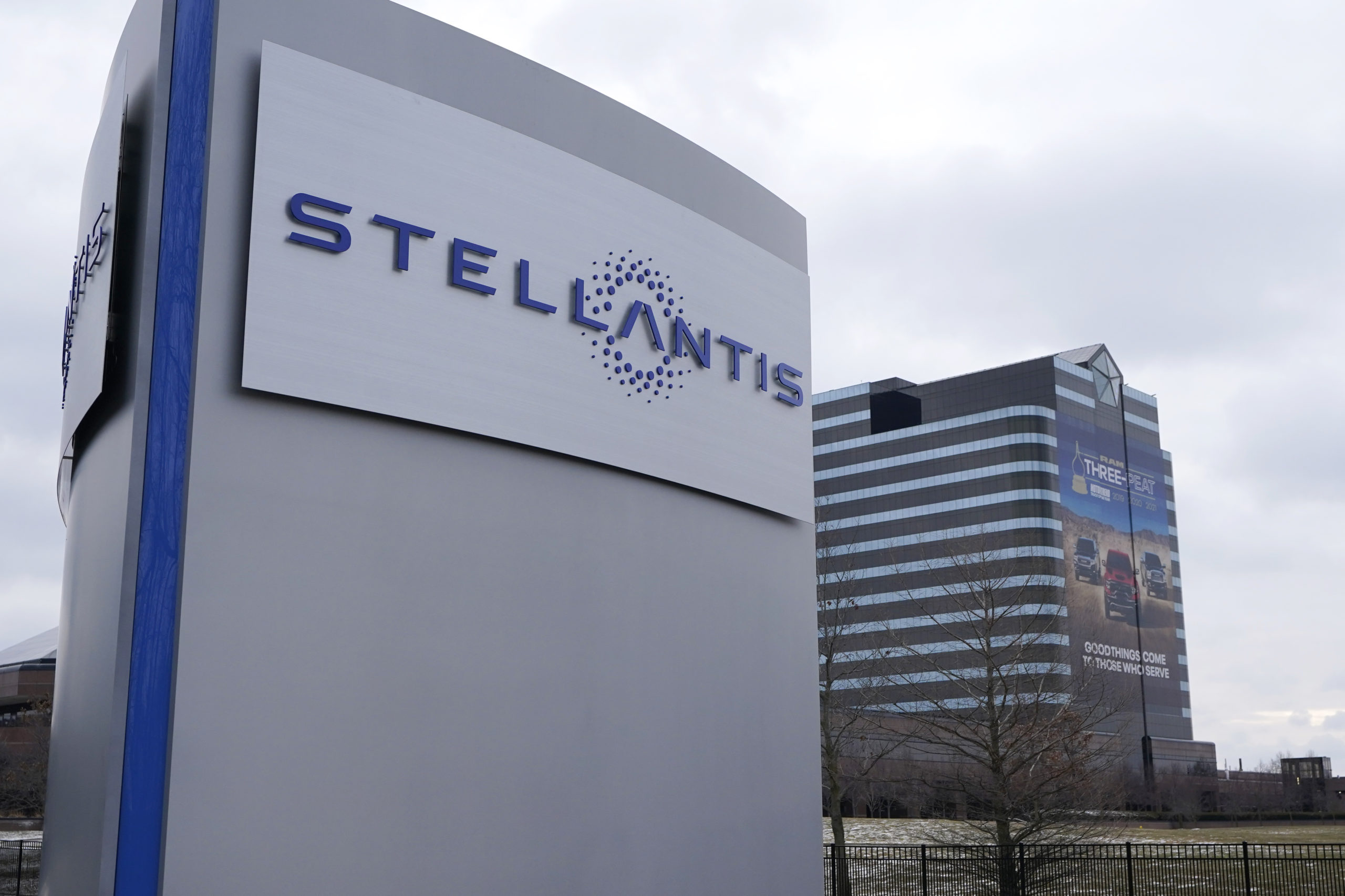 The Stellantis sign is seen outside the Chrysler Technology Center in Auburn Hills, Michigan on July 19, 2021.