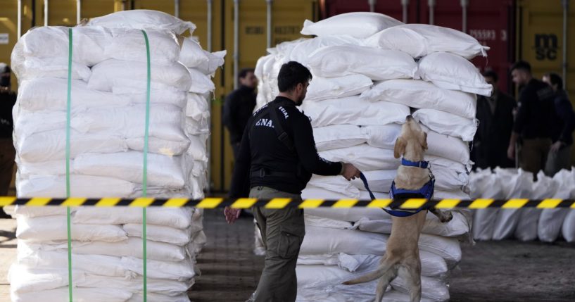 An agent from Paraguay's anti-drug agency, Senad, and an anti-drug dog inspect sacks of sugar at the port of Caacupemi in Asuncion, Paraguay on Tuesday, July 16, 2024.