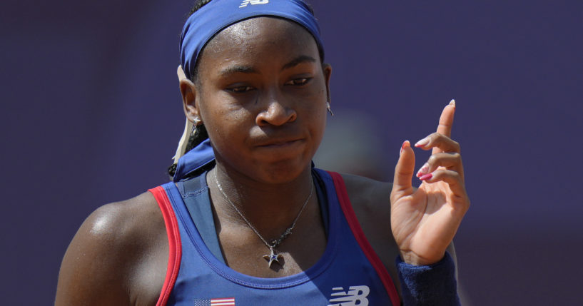 Coco Gauff of United States gestures as she plays against Donna Vekic of Croatia during their women's singles third round match at the Roland Garros stadium, at the 2024 Summer Olympics in Paris, France, on Tuesday.