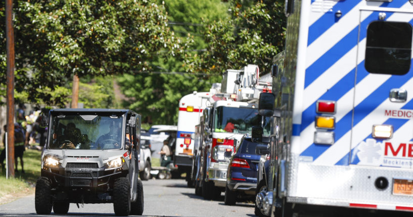 First responder vehicles are pictured in a Charlotte neighborhood where an officer-involved shooting took place in Charlotte, North Carolina, on April 29.