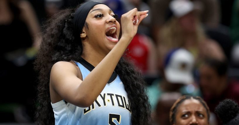 Chicago Sky rookie Angel Reese reacts during the game against the Seattle Storm in Seattle, Washington, on Friday.