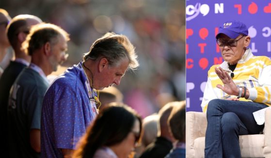 James Carville, right, expressed his dismay that people are seeing God's plan in the fact the former President Donald Trump survived an assassination attempt on Saturday. Fans bow their heads in prayer for Trump at an IndyCar auto race in Newton, Indiana, on Saturday, left, as one example of people turning to God in the aftermath.