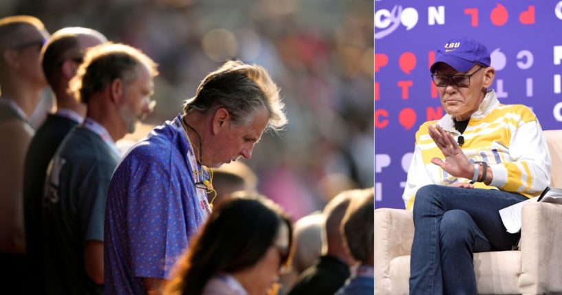 James Carville, right, expressed his dismay that people are seeing God's plan in the fact the former President Donald Trump survived an assassination attempt on Saturday. Fans bow their heads in prayer for Trump at an IndyCar auto race in Newton, Indiana, on Saturday, left, as one example of people turning to God in the aftermath.