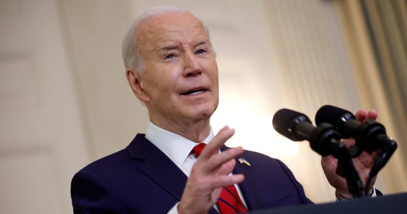 President Joe Biden speaks in the State Dining Room of the White House in Washington on April 24.