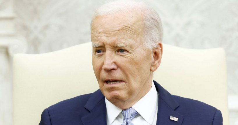 President Joe Biden speaks in the Oval Office of the White House in Washington on Wednesday.