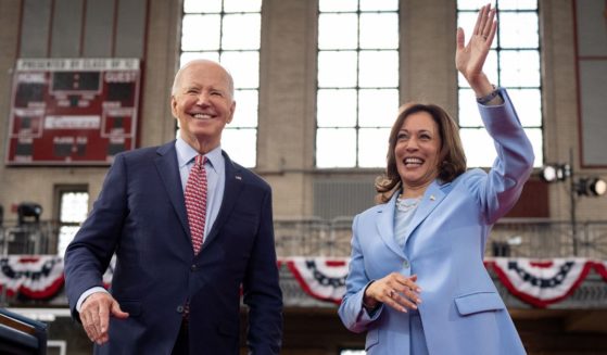President Joe Biden and Vice President Kamala Harris wave to members of the audience after speaking at a campaign rally at Girard College in Philadelphia on May 29.