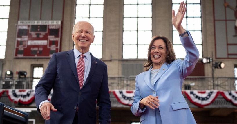 President Joe Biden and Vice President Kamala Harris wave to members of the audience after speaking at a campaign rally at Girard College in Philadelphia on May 29.