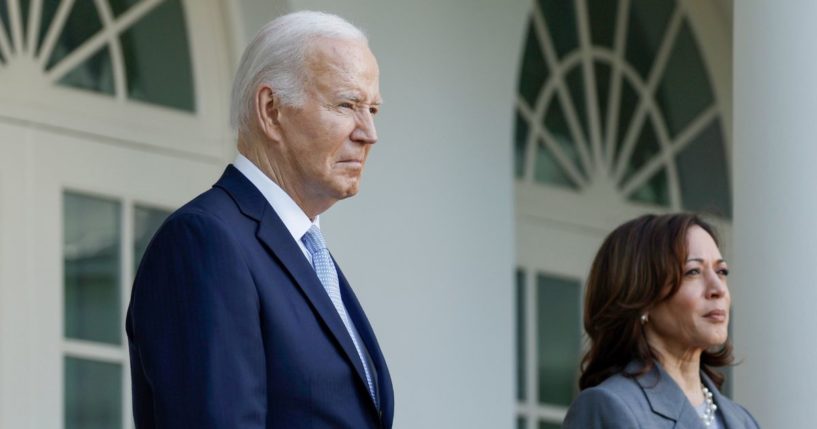 President Joe Biden and Vice President Kamala Harris look on during an event in the Rose Garden of the White House in Washington on May 20.