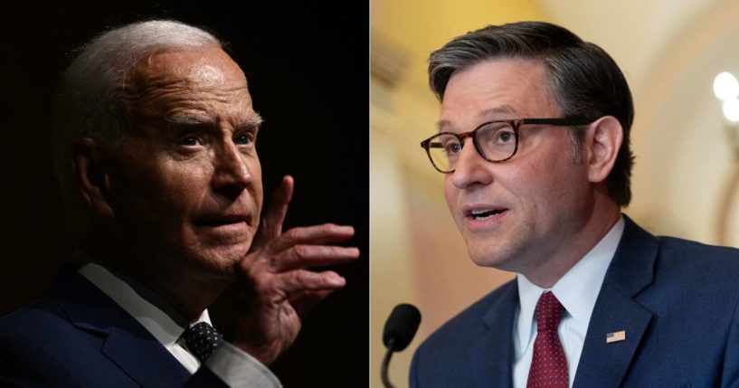 During a speech in Austin, Texas, on Monday, President Joe Biden, left, attacked Speaker of the House Mike Johnson, right, over his announcement that he would kill Biden's Supreme Court reform in the House.