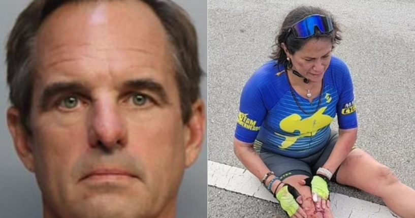 Andrew Cobb, left, was arrested after he reportedly threw a water bottle at the face of Maria Galleguillo, right, while she was riding her bike, causing her serious injuries.