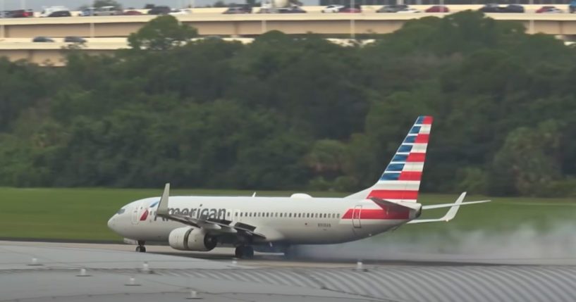 A Boeing 737 blows a tire on the runway in Tampa, Florida.