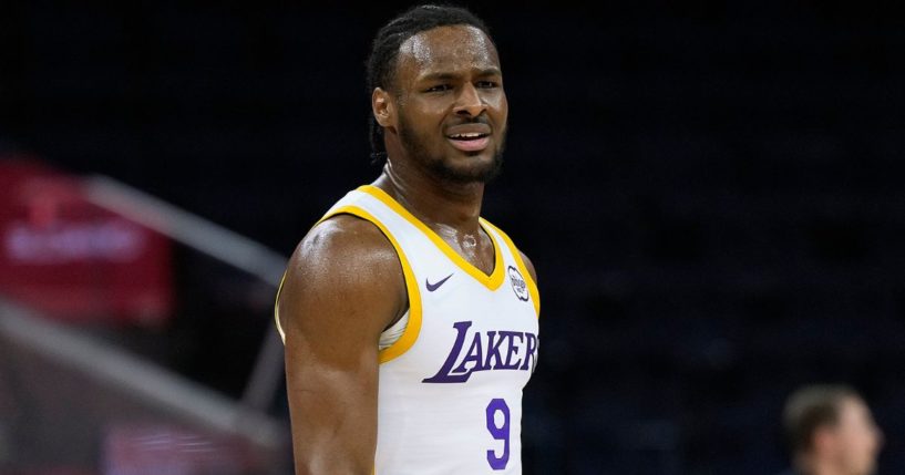 Bronny James Jr. of the Los Angeles Lakers reacts during the first half of the game against the Miami Heat in the 2024 California Classic in San Francisco, California, on July 10.