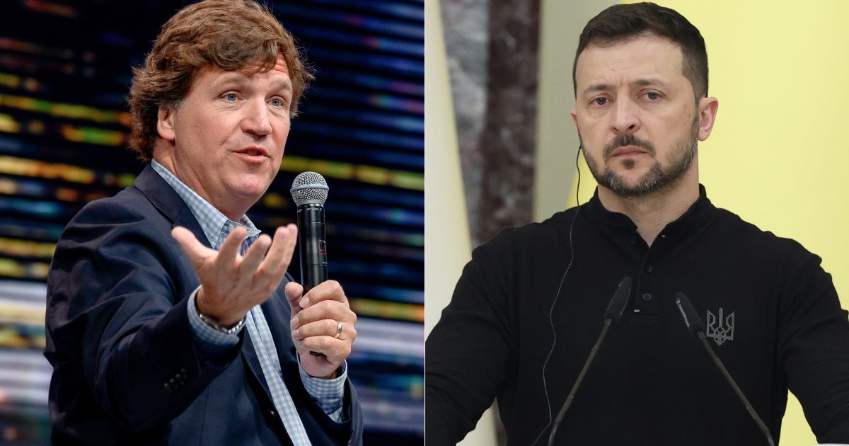 Tucker Carlson, left, has announced that Ukrainian President Volodymyr Zelenskyy, right, has agreed to do an interview.