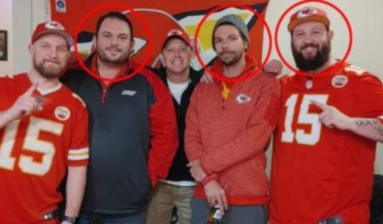 David Harrington, Ricky Johnson, and Clayton McGeeney, all circled, attended a Kansas City Chiefs watch party on Jan. 7. Their bodies were found 2 days later, frozen in the backyard.