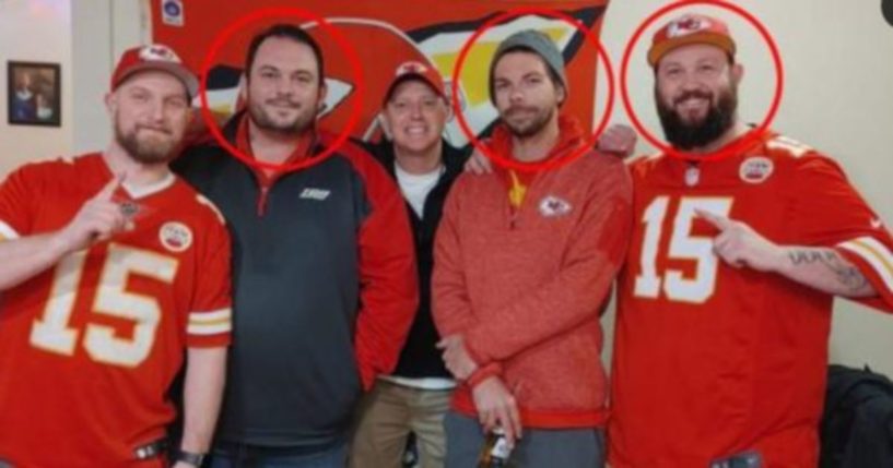 David Harrington, Ricky Johnson, and Clayton McGeeney, all circled, attended a Kansas City Chiefs watch party on Jan. 7. Their bodies were found 2 days later, frozen in the backyard.