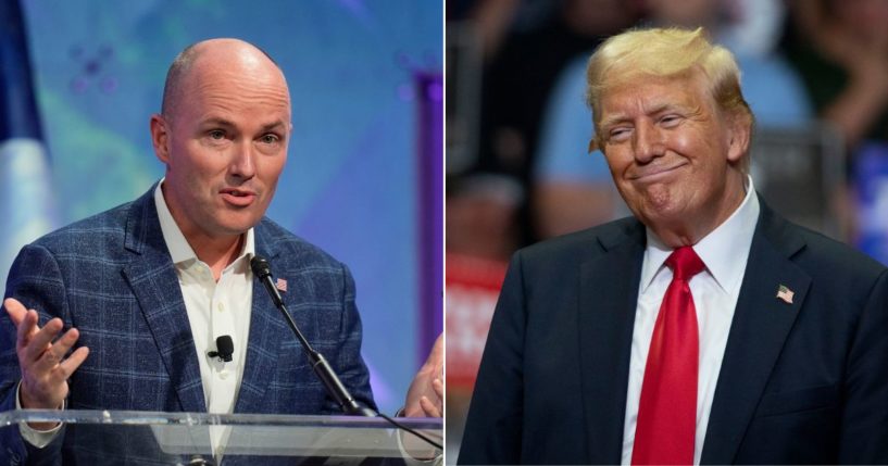 At left, Utah Gov. Spencer Cox speaks at the summer meeting of the National Governors Association in Salt Lake City on July 11. At right, Republican presidential nominee and former President Donald Trump looks on during a rally at the Van Andel Arena in Grand Rapids, Michigan, on Saturday.