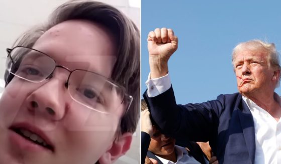 Would-be assassin Thomas Crooks, 20, is pictured in a 2020 video; right, former President Donald Trump pumps his fist in the air after Saturday's assassination attempt.