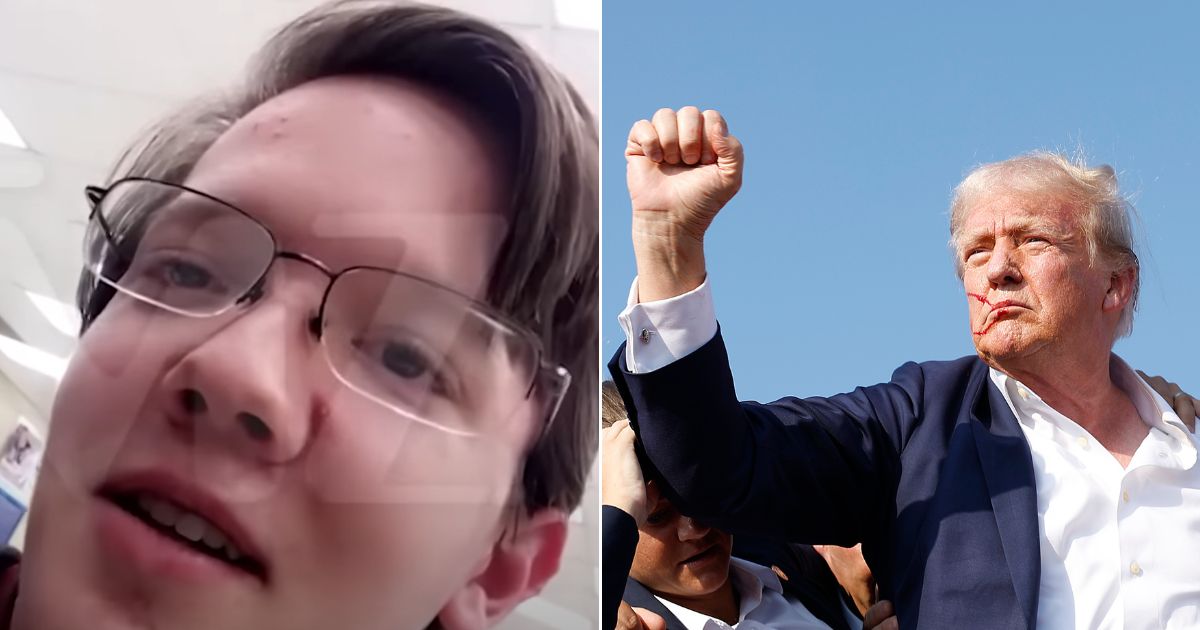 Would-be assassin Thomas Crooks, 20, is pictured in a 2020 video; right, former President Donald Trump pumps his fist in the air after Saturday's assassination attempt.