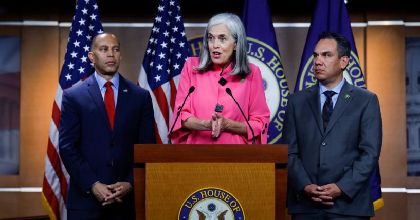 House Minority Whip Katherine Clark speaks during a news conference on government funding at the U.S. Capitol in Washington on Sept. 29. She was joined by House Minority Leader Hakeem Jeffries, left, and Rep. Pete Aguilar, chairman of the House Democratic Caucus.