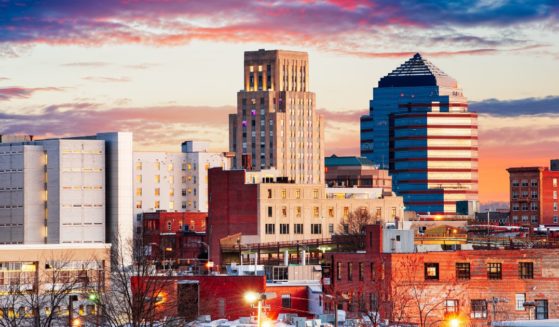 This stock image shows the downtown skyline of Durham, North Carolina.