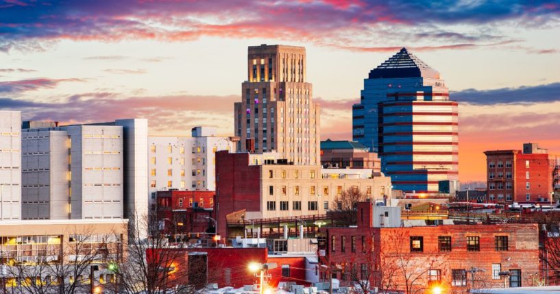 This stock image shows the downtown skyline of Durham, North Carolina.