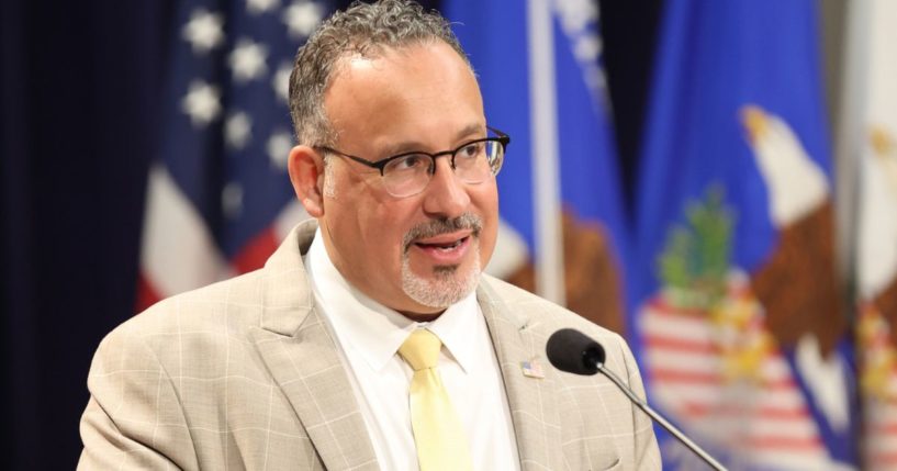 Secretary of Education Miguel Cardona speaks during the Brown v. Board of Education 70th Anniversary Commemoration in Washington, D.C., on May 14.