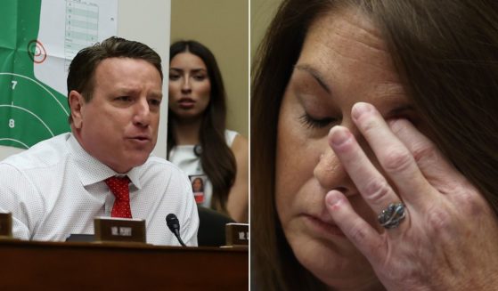 Republican Rep. Pat Fallon of Texas, left, questions Secret Service Director Kimberly Cheatle, right, during a House Oversight and Accountability Committee hearing at the Rayburn House Office Building in Washington on Monday.