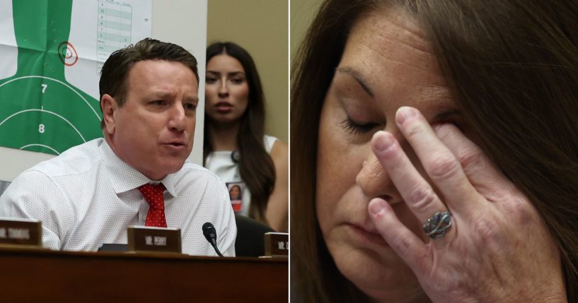 Republican Rep. Pat Fallon of Texas, left, questions Secret Service Director Kimberly Cheatle, right, during a House Oversight and Accountability Committee hearing at the Rayburn House Office Building in Washington on Monday.