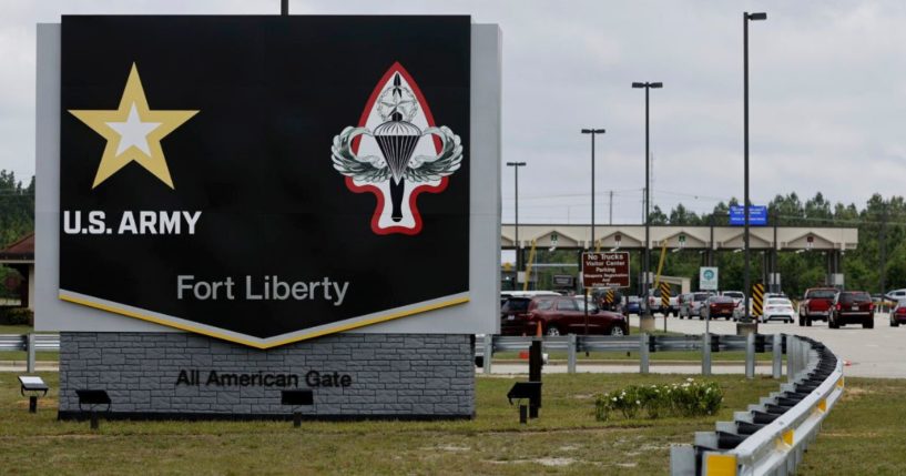 The new Fort Liberty sign is displayed outside the base on Friday, June 2, 2023 in Fort Liberty, North Carolina. The base was formerly known as Fort Bragg.