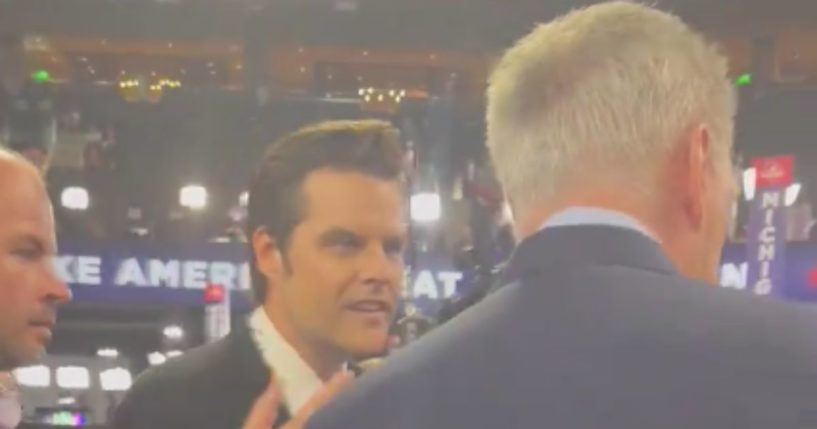 On Tuesday, Rep. Matt Gaetz, left, approached Rep. Kevin McCarthy, right, as he was interviewing with CNN, to taunt him.