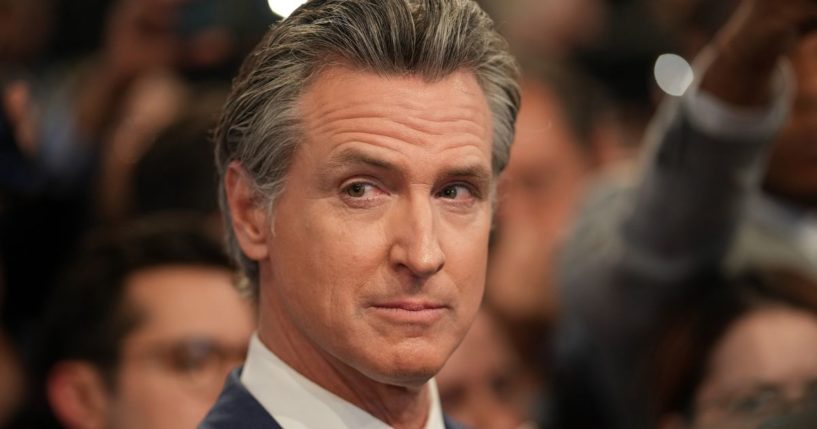 California Gov. Gavin Newsom speaks to reporters in the spin room following the CNN Presidential Debate between President Joe Biden and former President Donald Trump in Atlanta, Georgia, on June 27.