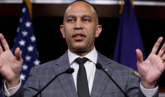 House Minority Leader Hakeem Jeffries talks to reporters during his weekly news conference at the U.S. Capitol Visitors Center in Washington, D.C., on May 16.
