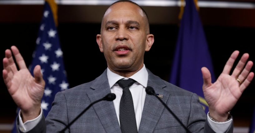 House Minority Leader Hakeem Jeffries talks to reporters during his weekly news conference at the U.S. Capitol Visitors Center in Washington, D.C., on May 16.