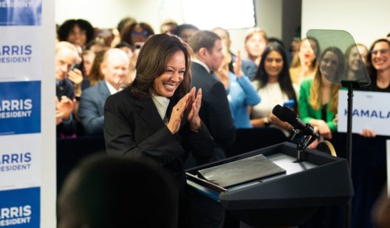 Vice President Kamala Harris gets ready to speak to campaign staff at her presidential campaign headquarters in Wilmington, Delaware, on Monday.
