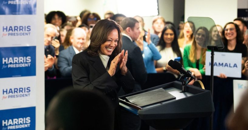 Vice President Kamala Harris gets ready to speak to campaign staff at her presidential campaign headquarters in Wilmington, Delaware, on July 22.