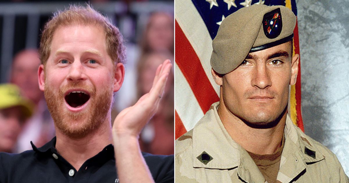 At left, Prince Harry, Duke of Sussex cheers during the Invictus Games in Duesseldorf, Germany, on Sept. 15. At right, Army Corp. Pat Tillman is seen in 2003.