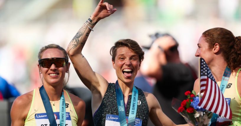 From left, bronze medalist Elle St. Pierre, gold medalist Nikki Hiltz and silver medalist Emily MacKay pose with their medals after competing in the women's 1500 meter final at the U.S. Olympic Team Track & Field Trials at Hayward Field in Eugene, Oregon, on Sunday.