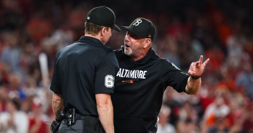 Baltimore Orioles manager Brandon Hyde argues with umpire Alex Tosi during the ninth inning of a game against the Washington Nationals at Nationals Park on May 7.