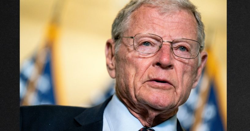 Then-Oklahoma GOP Sen. Jim Inhofe is seen speaking to reporters April 13, 2021, on Capitol Hill in Washington, D.C. Inhofe, who left office in 2023, died Tuesday.