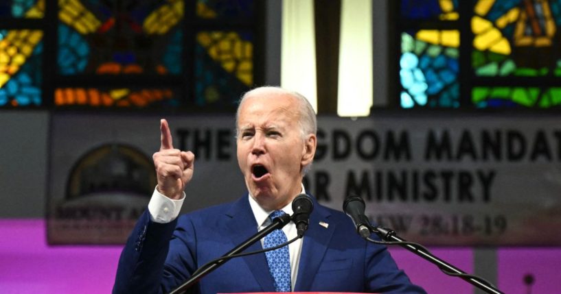 President Joe Biden speaks during a church service and campaign event at Mount Airy Church of God in Christ in Philadelphia, Pennsylvania, on Sunday.