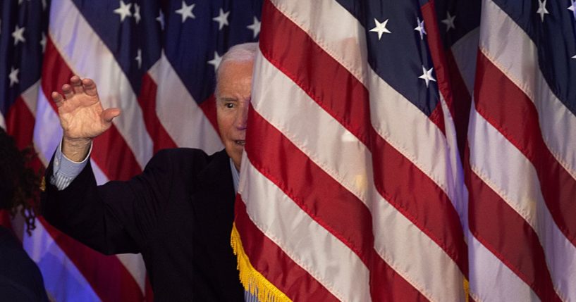 President Joe Biden leaves a campaign rally at Sherman Middle School in Madison, Wisconsin, on July 5.