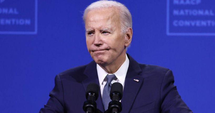 President Joe Biden pauses while speaking at the 115th NAACP National Convention in Las Vegas, Nevada, on Tuesday.