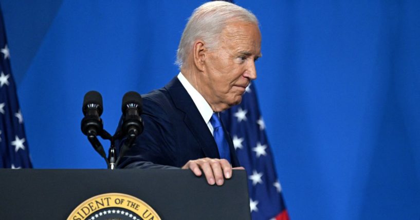 President Joe Biden leaves after speaking during a news conference at the close of the 75th NATO Summit in Washington, D.C, on July 11.