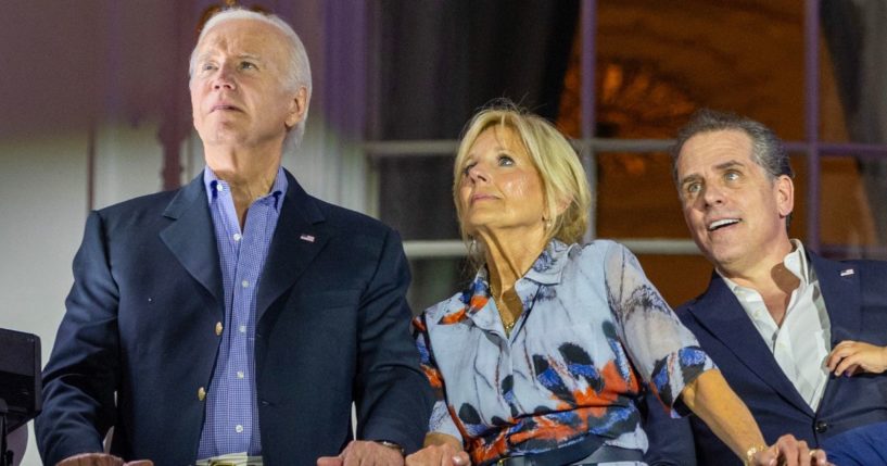 President Joe Biden, first lady Jill Biden and son Hunter Biden watch fireworks on the South Lawn of the White House in Washington on July 4, 2023.