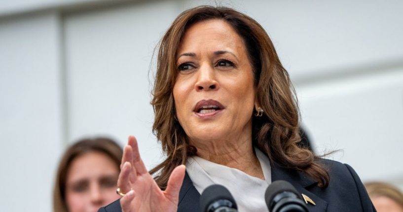 Vice President Kamala Harris speaks on the South Lawn of the White House in Washington on Monday.